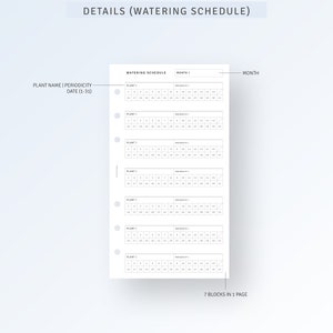 May include: A white planner page with a detailed watering schedule. The page includes sections for plant names, periodicity, and a calendar grid for the month. The text "DETAILS (WATERING SCHEDULE)" is at the top. The page has 7 blocks in 1 page.