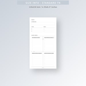 May include: A black and white printable planner page with sections for weekly affirmations, focus, goals, and a priority matrix. The page is 4.33 inches by 8.27 inches.