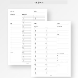 May include: A black and white printable daily planner with sections for "Today", "Priorities", "List", "Schedule", "Notes", "Date", "Meals & Water", and "Notes".