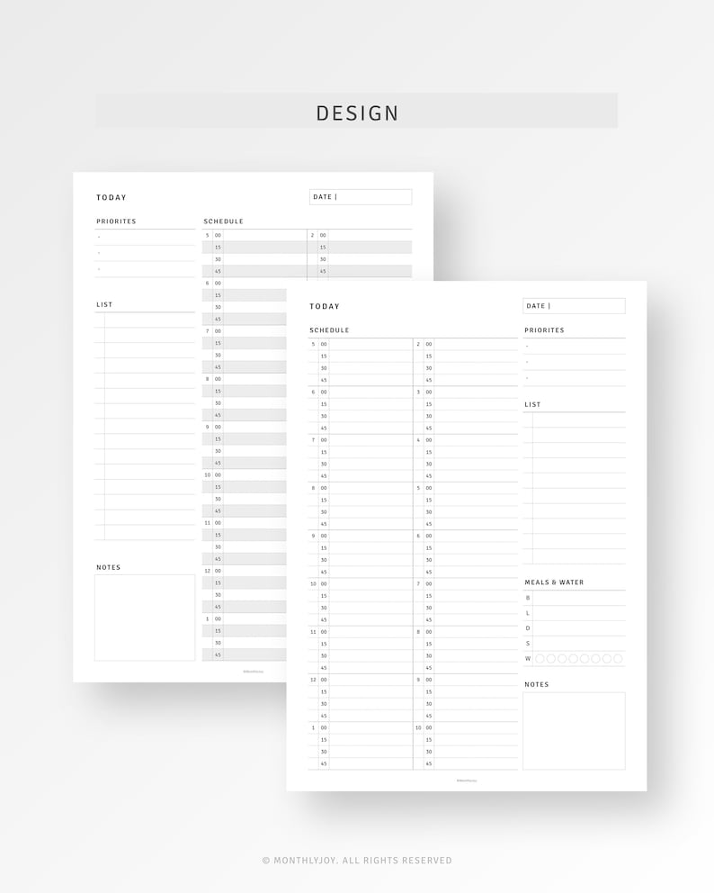 May include: A black and white printable daily planner with sections for "Today", "Priorities", "List", "Schedule", "Notes", "Date", "Meals & Water", and "Notes".