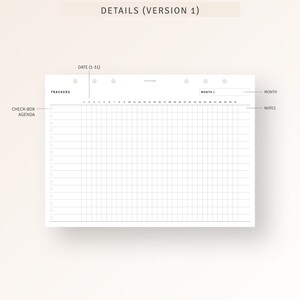 May include: A printable planner page with a grid layout for tracking daily tasks and notes. The page includes sections for "Check-Box Agenda", "Trackers", "Date (1-31)", "Month", and "Notes".
