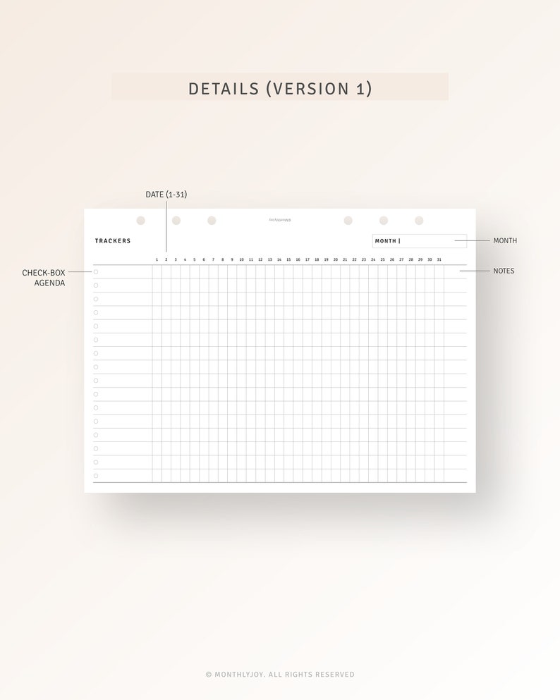 May include: A printable planner page with a grid layout for tracking daily tasks and notes. The page includes sections for "Check-Box Agenda", "Trackers", "Date (1-31)", "Month", and "Notes".