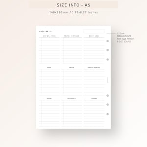May include: A printable grocery list template in A5 size, 5.82 by 8.27 inches, with categories for meat and seafood, fruits and vegetables, bakery and deli, dairy, frozen, snacks and drinks, pantry, household, and others. The template has a 12.7 mm margin for hole punching and disc binding.
