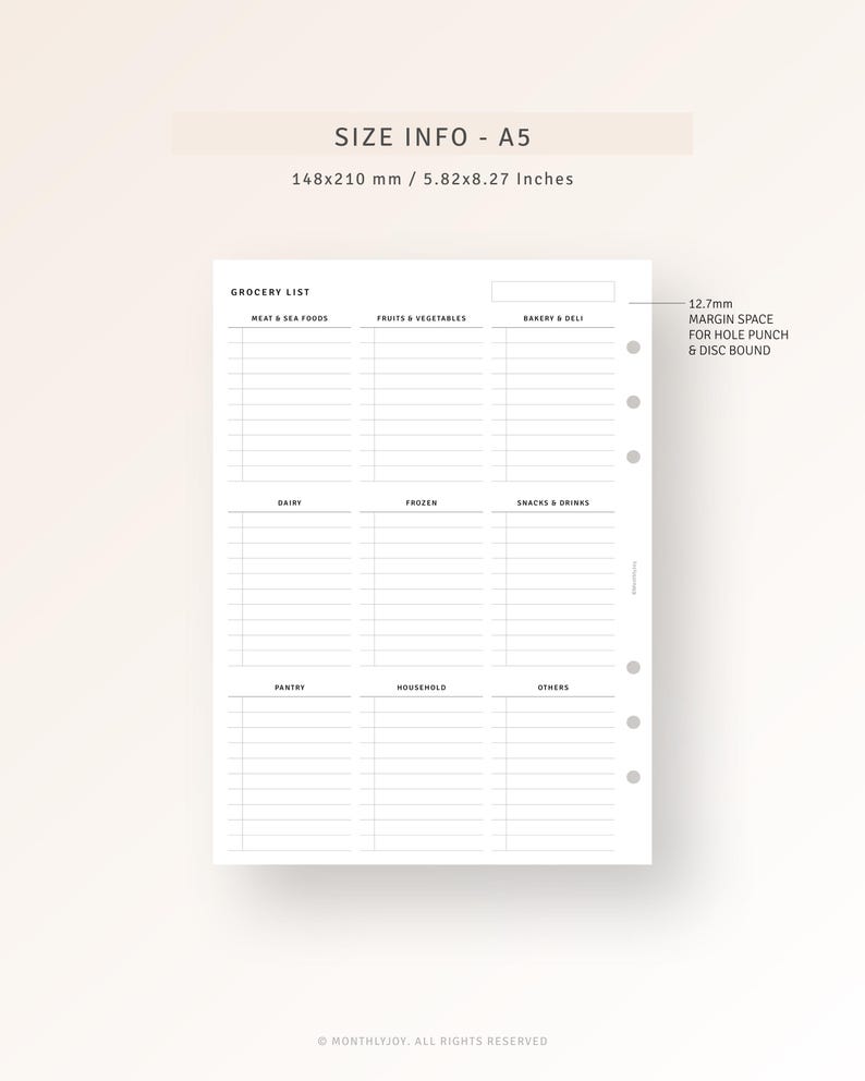 May include: A printable grocery list template in A5 size, 5.82 by 8.27 inches, with categories for meat and seafood, fruits and vegetables, bakery and deli, dairy, frozen, snacks and drinks, pantry, household, and others. The template has a 12.7 mm margin for hole punching and disc binding.