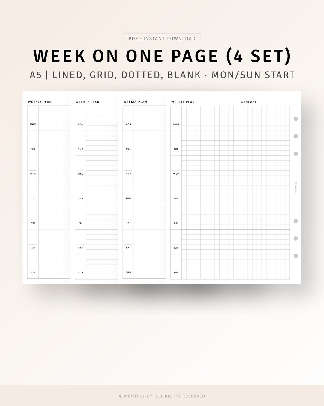 A5 Size, Week on One Page Printable Undated Weekly Planner PDF Template ...