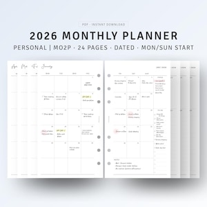 2026 Monthly Planner Inserts Personal Size, Dated Planner Refills Printable, Minimalist Calendar Pages for Ring Agenda, Digital Download PDF