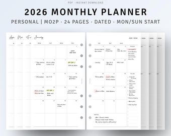2026 Monthly Planner Inserts Personal Size, Dated Planner Refills Printable, Minimalist Calendar Pages for Ring Agenda, Digital Download PDF