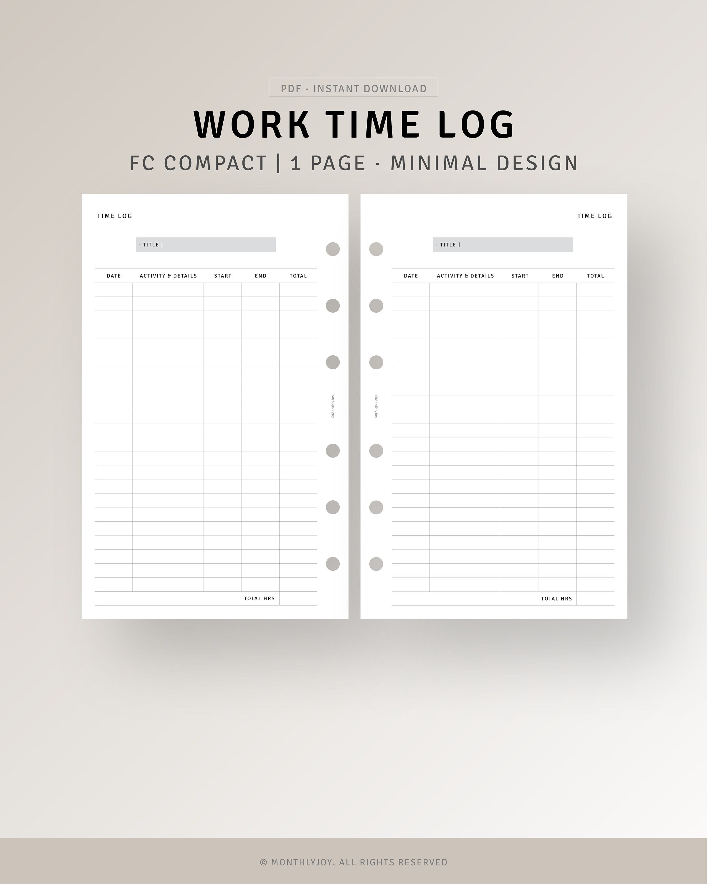 Time Insert Paper Time Sheet Printable FC Compact Inserts, Task Time Tracker ...