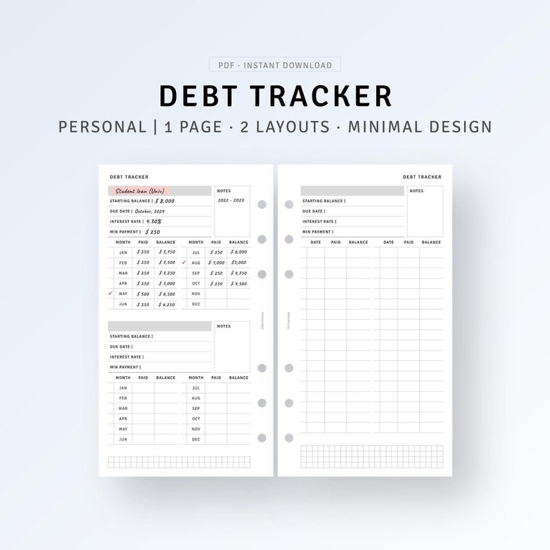 Debt Tracker Printable Personal Ring Inserts Student Loan Debt Payoff ...