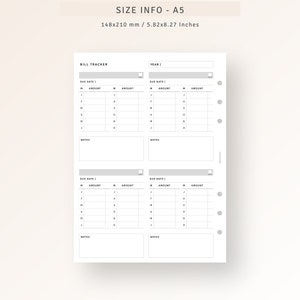 May include: A black and white printable bill tracker planner page with a grid layout for tracking bills and expenses. The page is labeled "Bill Tracker" and includes sections for "Due Date", "Amount", and "Notes". The page is designed for use with an A5 size planner.