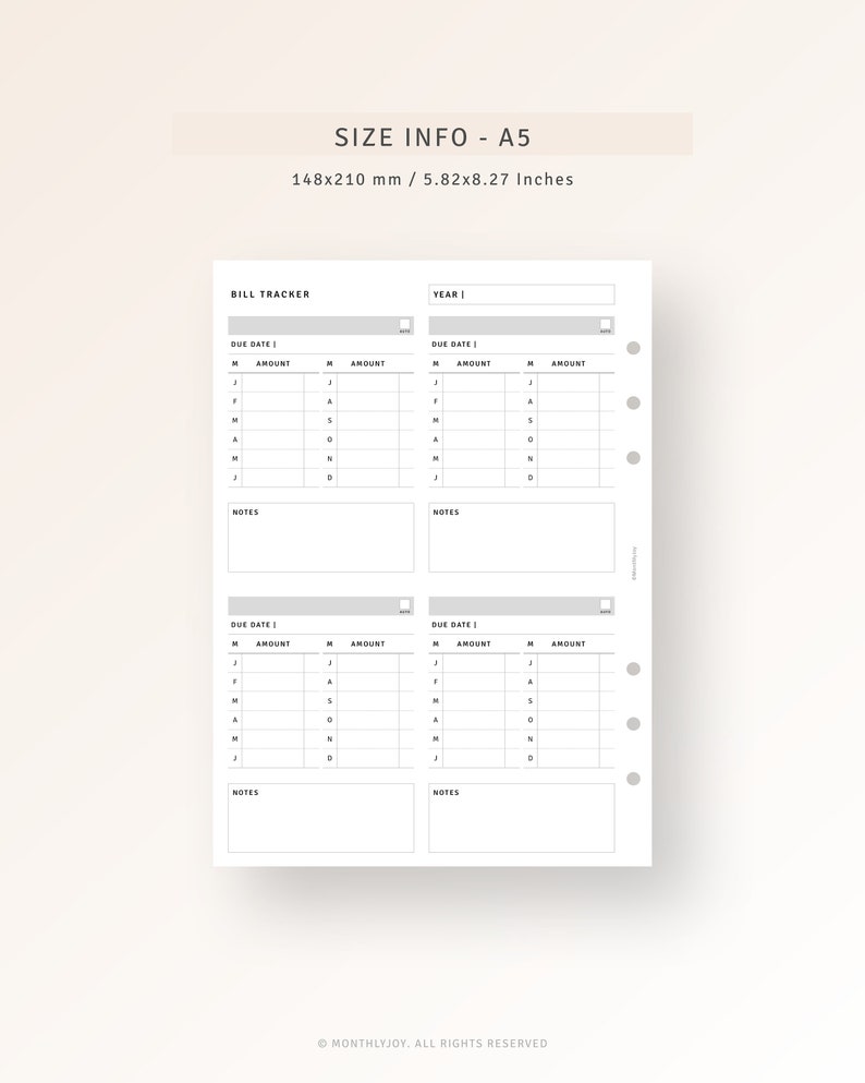 May include: A black and white printable bill tracker planner page with a grid layout for tracking bills and expenses. The page is labeled "Bill Tracker" and includes sections for "Due Date", "Amount", and "Notes". The page is designed for use with an A5 size planner.