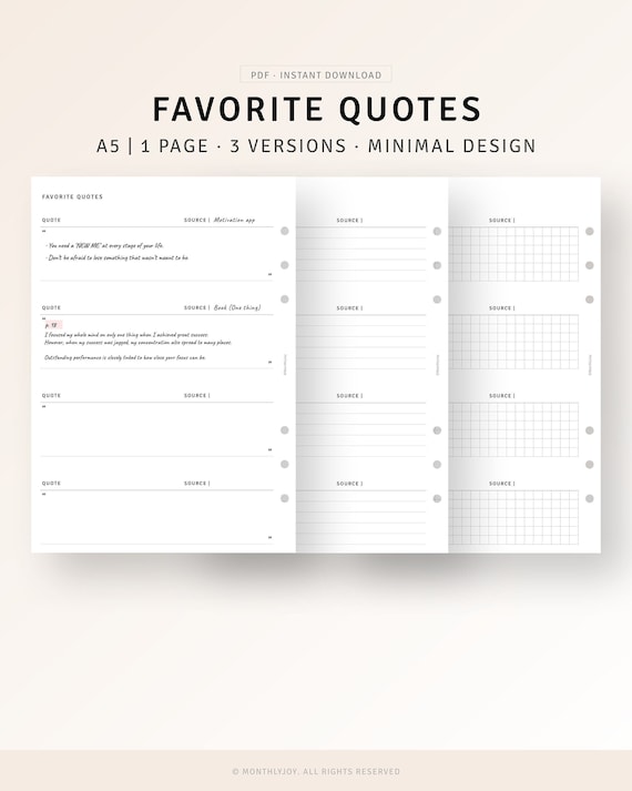 Favorite Quotes Journal A5 Printable Planner Inserts, Inspirational Positive Book Movie Quotes Log, Best Quotes Tracker, Digital Download