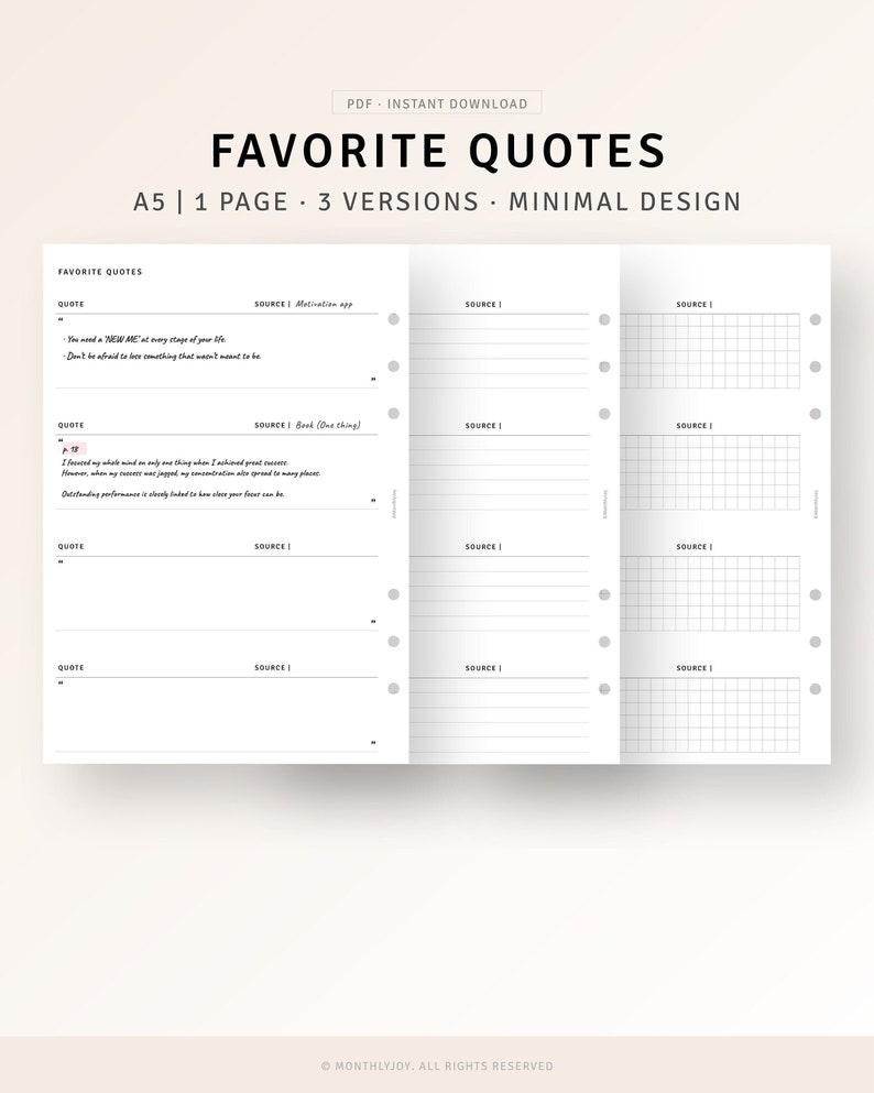 May include: A printable PDF document with a minimalist design for writing down favorite quotes. The document is divided into three sections, each with a different layout. The first section has lined spaces for writing quotes and their sources. The second section has lined spaces for writing quotes and their sources. The third section has a grid layout for writing quotes and their sources. The document is titled "Favorite Quotes" and is designed for use with an A5 size planner.