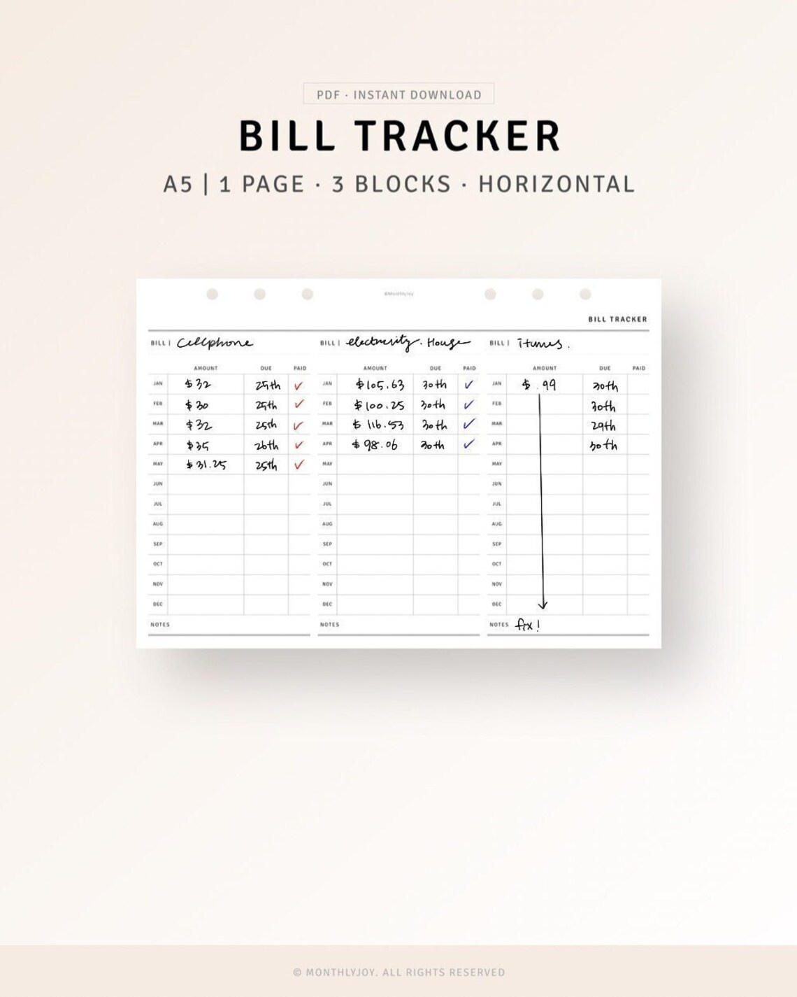A5 Size Bill Tracker Printable Payment Reminder Financial - Etsy
