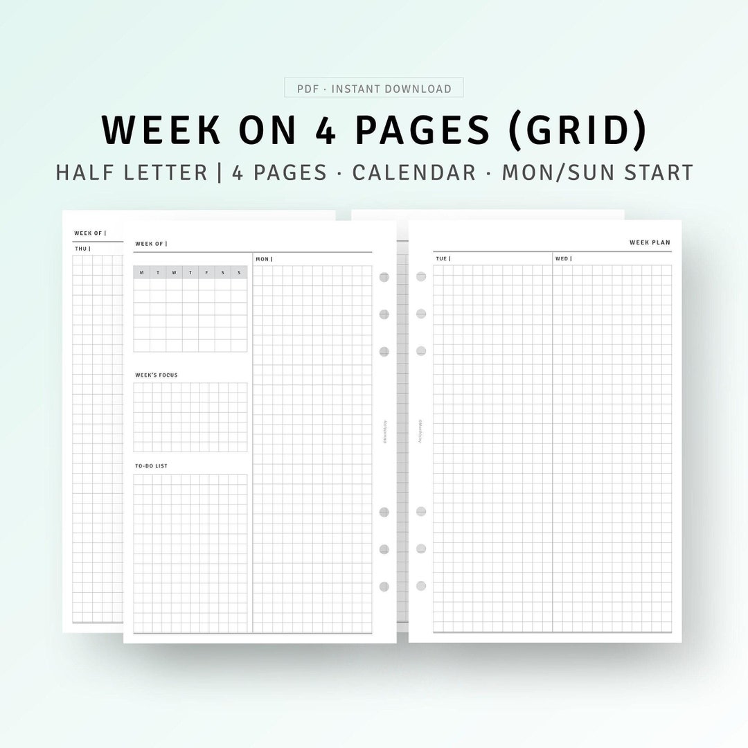 Week on 4 Pages Half-letter Planner Printable With Calendar, Undated ...