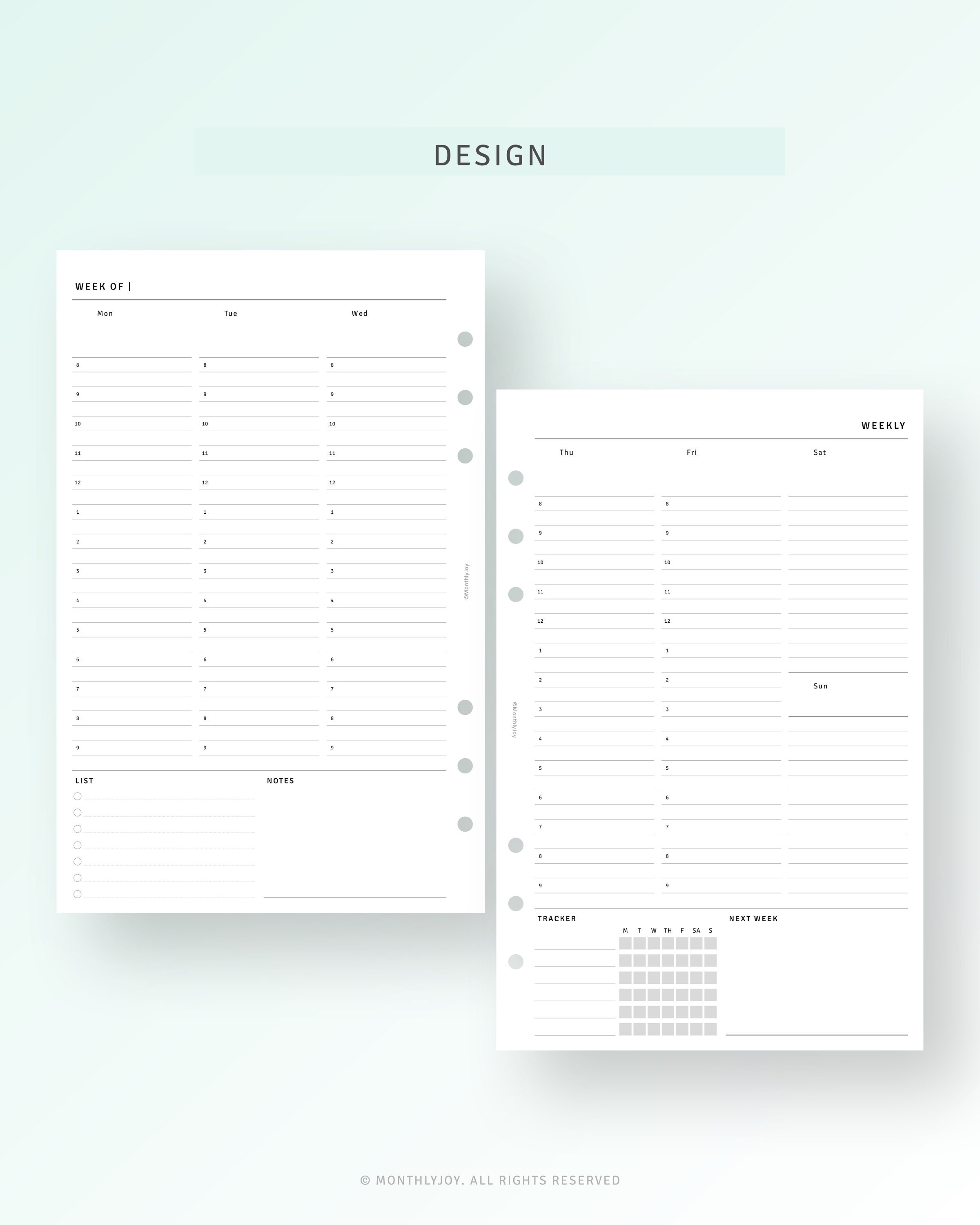Simple Weekly Hourly Planner Printable Half Size Ring Inserts, Week ...