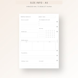 May include: A printable A5 monthly check-in planner with sections for reflecting on the month, setting goals, and tracking mood and self-rating. The planner includes prompts for "How was my month?", "Top 3 highlights of this month", "Monthly mood", "Self-rating", "Monthly summary", "I'm grateful for", "Challenges/Lessons", and "Next month".