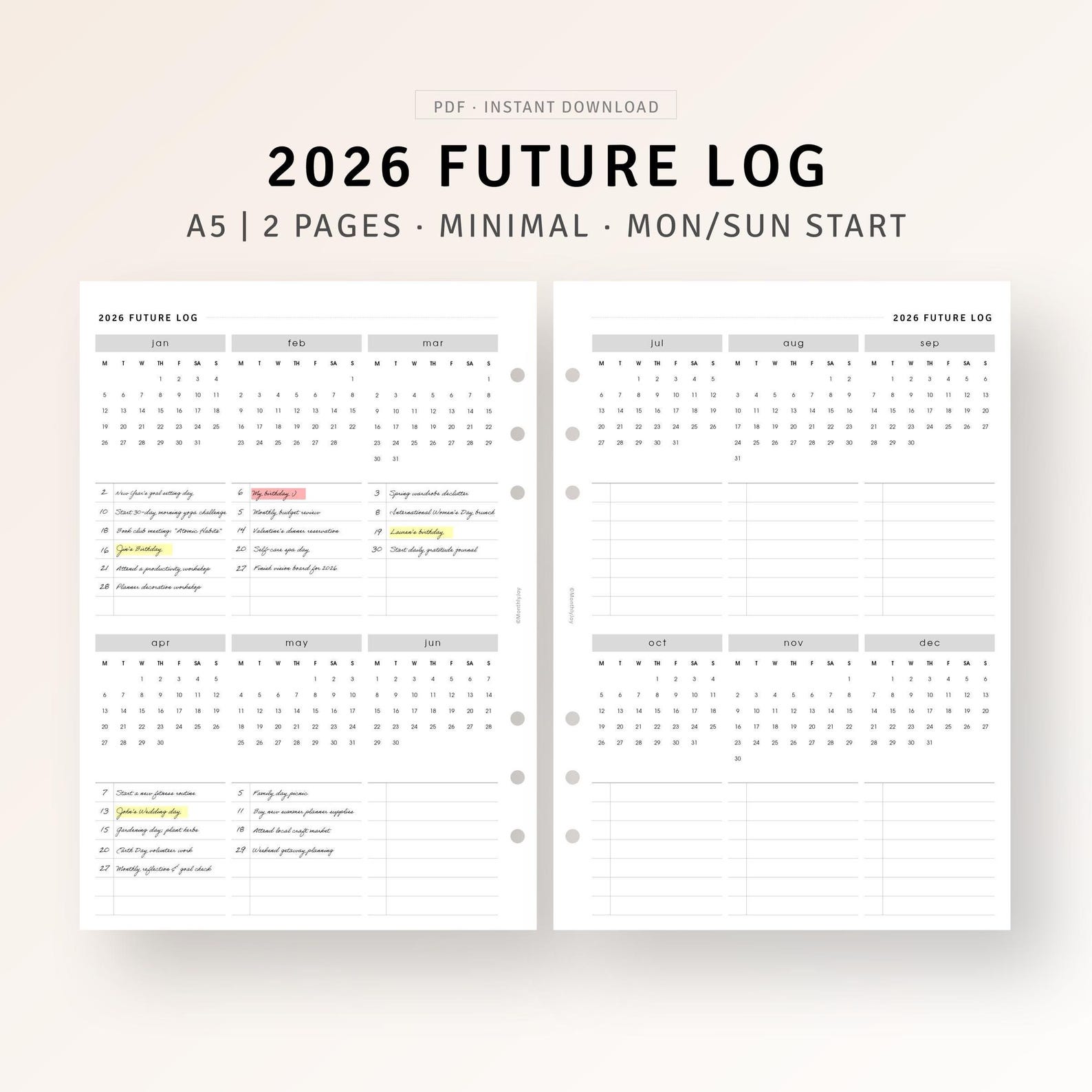 2026 Future Log Printable Insert A5, Year at a Glance Planner Refill ...