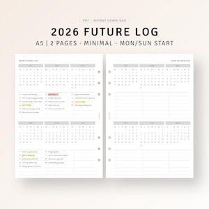 2026 Future Log Printable Insert A5, Year at a Glance Planner Refill, Minimalist Annual Overview PDF, Clean Layout, Birthday Tracker, YO2P