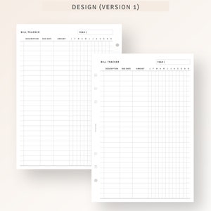 May include: Two printable bill tracker pages with a grid layout. The pages are designed for a standard size planner and include columns for description, due date, amount, and a calendar for each month of the year.