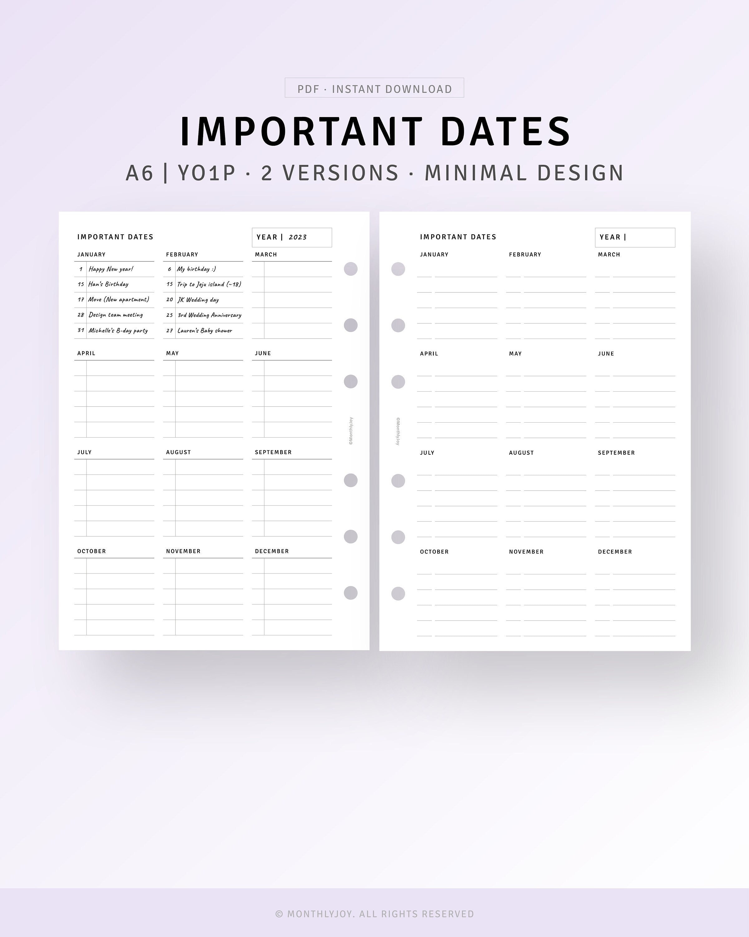 A6, Printable Important Dates Tracker for Birthday Parties Anniversaries, Blank 12 Months Calendar, Yearly Event Overview, Instant Download