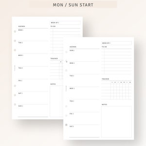 May include: Two printable planner pages with a black and white design. The pages are labeled "Week of" and "Agenda" and include sections for "To-Do", "Tracker", and "Notes". The pages are designed for a planner with a Monday/Sunday start.