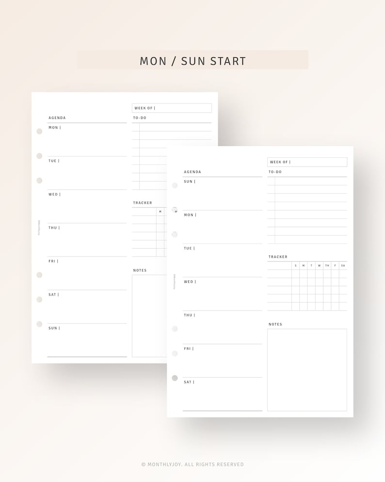 May include: Two printable planner pages with a black and white design. The pages are labeled "Week of" and "Agenda" and include sections for "To-Do", "Tracker", and "Notes". The pages are designed for a planner with a Monday/Sunday start.