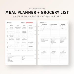 Planificateur de repas hebdomadaire A5 imprimable, liste de courses, suivi des aliments, téléchargement numérique, préparation de repas quotidiens, modèle de remise en forme santé PDF
