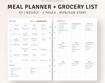 Planificador de comidas semanal imprimible en formato A5, lista de la compra, registro de alimentos, descarga digital, preparación diaria de comidas, plantilla PDF para salud y bienestar.