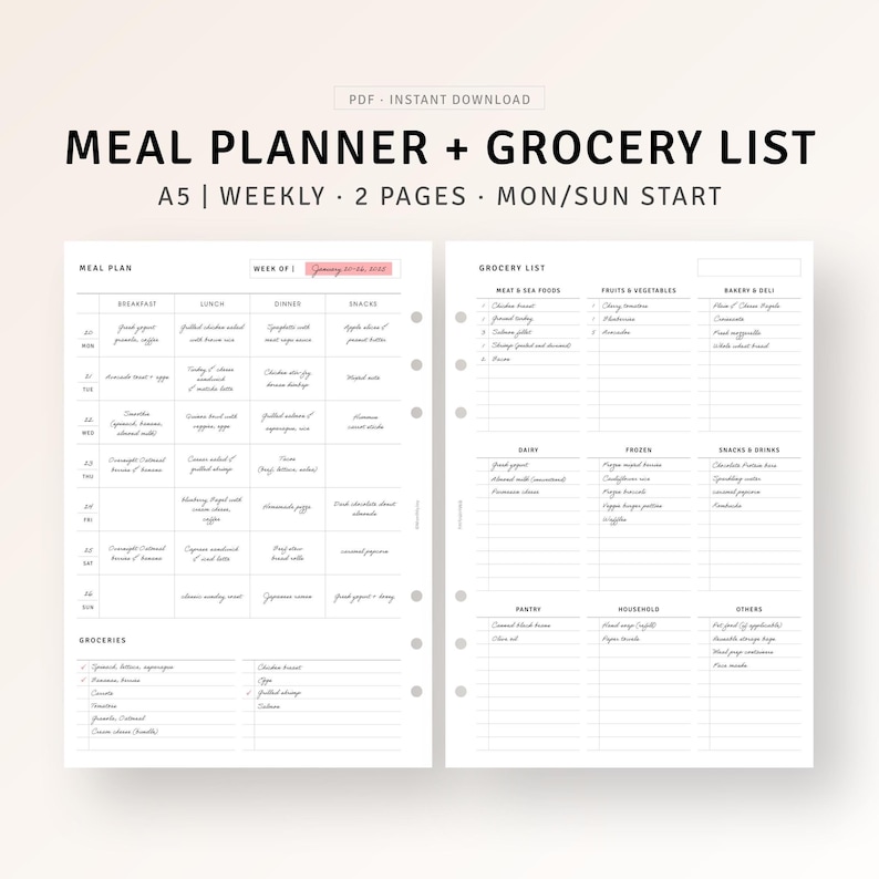 Weekly Meal Planner Printable A5 Meal Planner, Grocery List, Food Tracker, Digital Download, Daily Meal Prep, Health Fitness Template PDF image 1