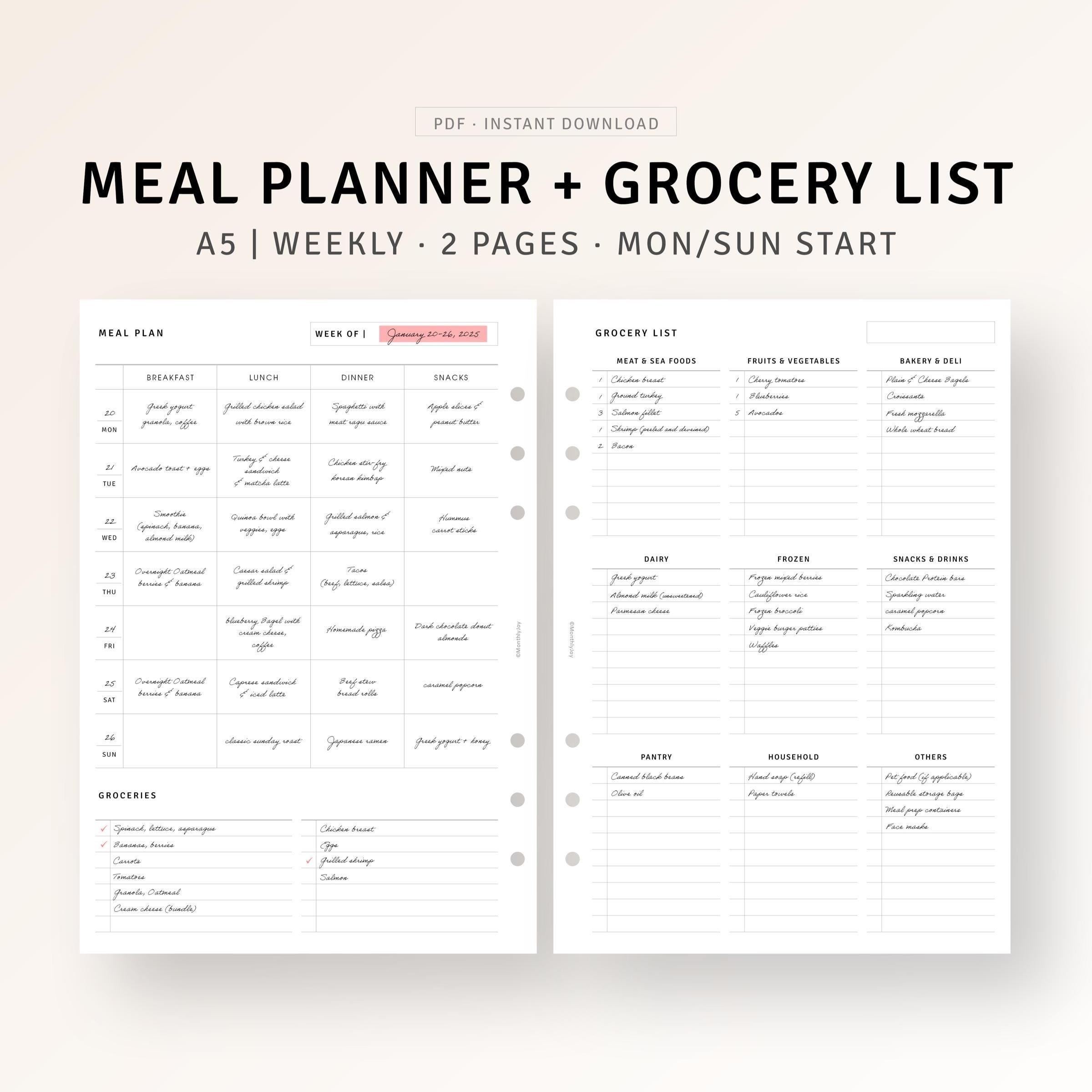 Weekly Meal Planner Printable A5 Meal Planner, Grocery List, Food ...