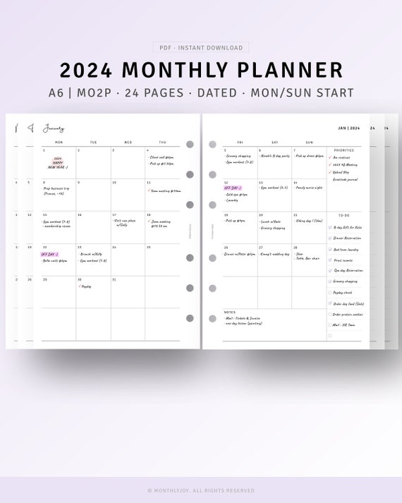 2024 Monthly Planner A6 Inserts Printable Dated 2024 Monthly