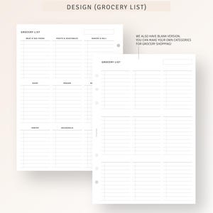 May include: A printable grocery list template with sections for meat and seafood, fruits and vegetables, bakery and deli, dairy, frozen, pantry, and household items. The template has a blank version where you can create your own categories.