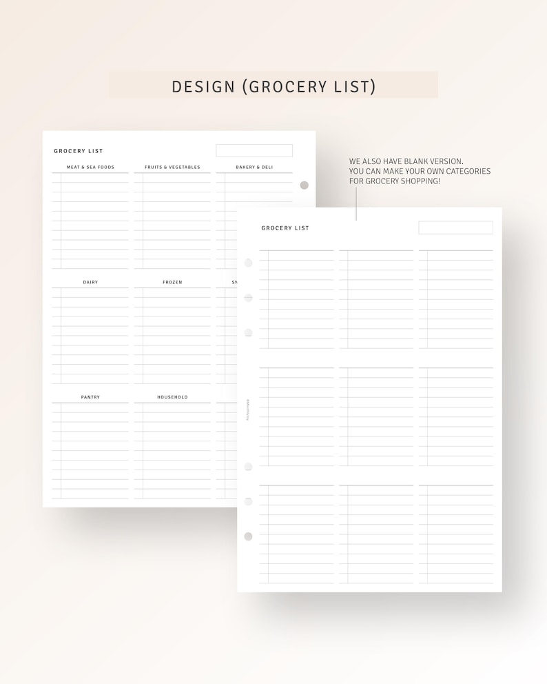 May include: A printable grocery list template with sections for meat and seafood, fruits and vegetables, bakery and deli, dairy, frozen, pantry, and household items. The template has a blank version where you can create your own categories.