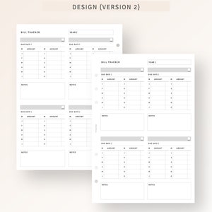May include: A printable bill tracker planner page with sections for due date, amount, and notes. The page is designed for use with a disc bound planner.