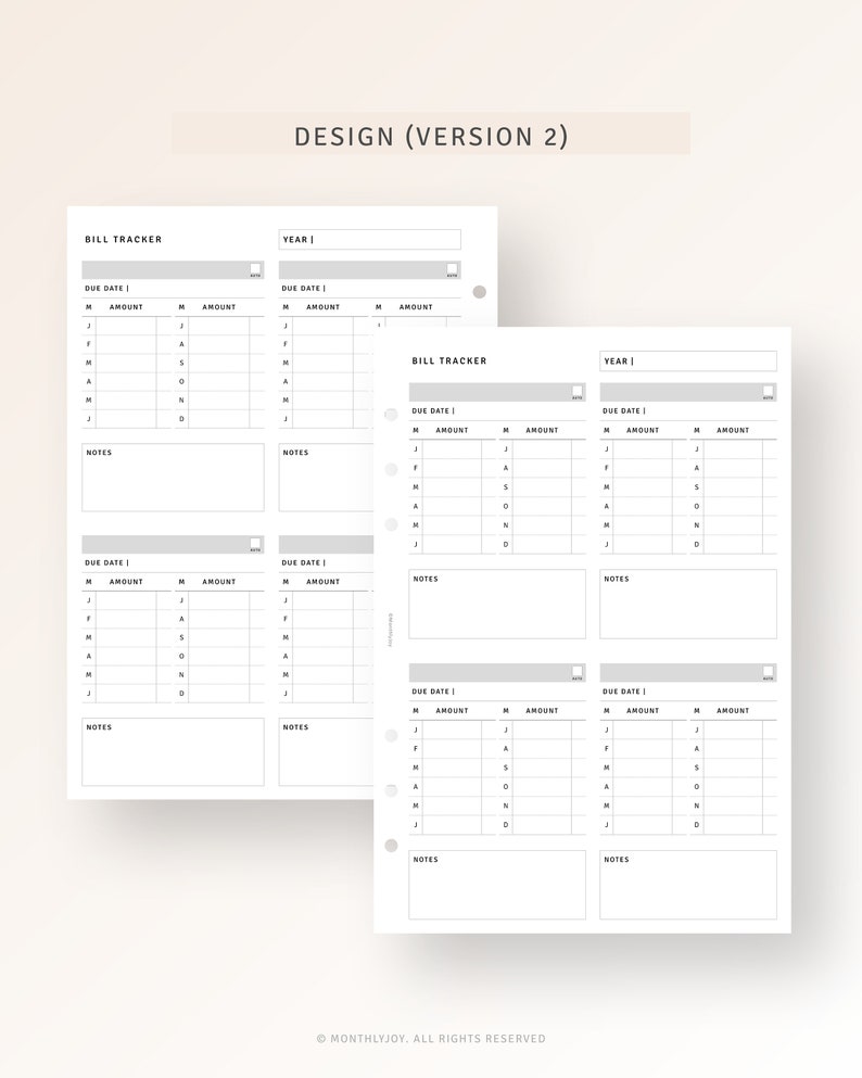 May include: A printable bill tracker planner page with sections for due date, amount, and notes. The page is designed for use with a disc bound planner.