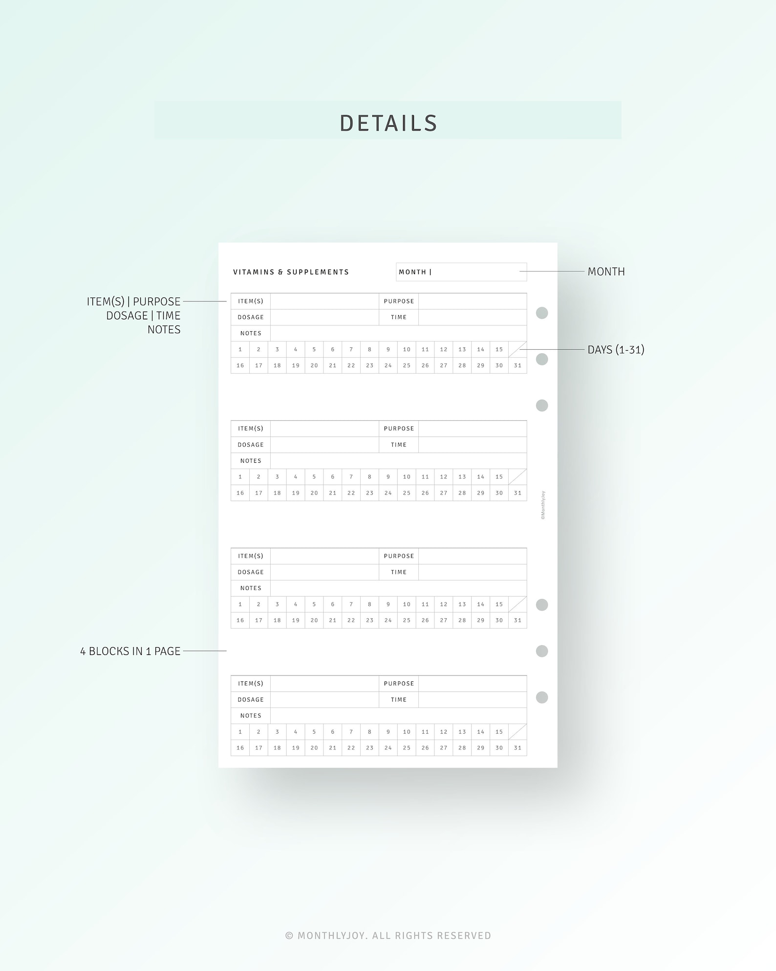 Vitamin Supplement Tracker Half Letter Inserts Printable Medication Log ...