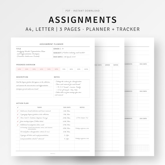 Assignment Planner Printable A4/Letter Inserts PDF, Student Homework Tracker, Simple College Academic Semester Planner, Digital Download