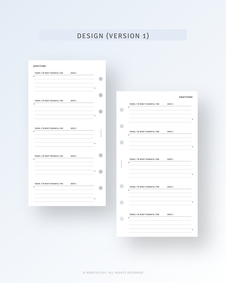 Puede incluir: Dos p&aacute;ginas blancas de planificador con la palabra "GRATITUDE" en la parte superior. Cada p&aacute;gina tiene l&iacute;neas para escribir y las indicaciones "TODAY, I'M MOST THANKFUL FOR" y "DATE". El texto "DESIGN (VERSION 1)" est&aacute; en la parte superior.