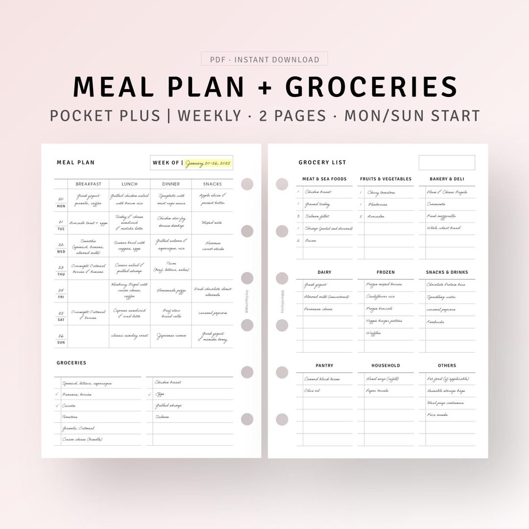 Meal Planner With Groceries Printable Pocket Plus Inserts, Food Menu ...