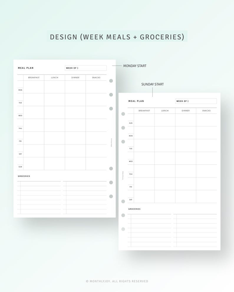 Week Meal Planner Printable Half Letter Inserts, Simple Grocery ...
