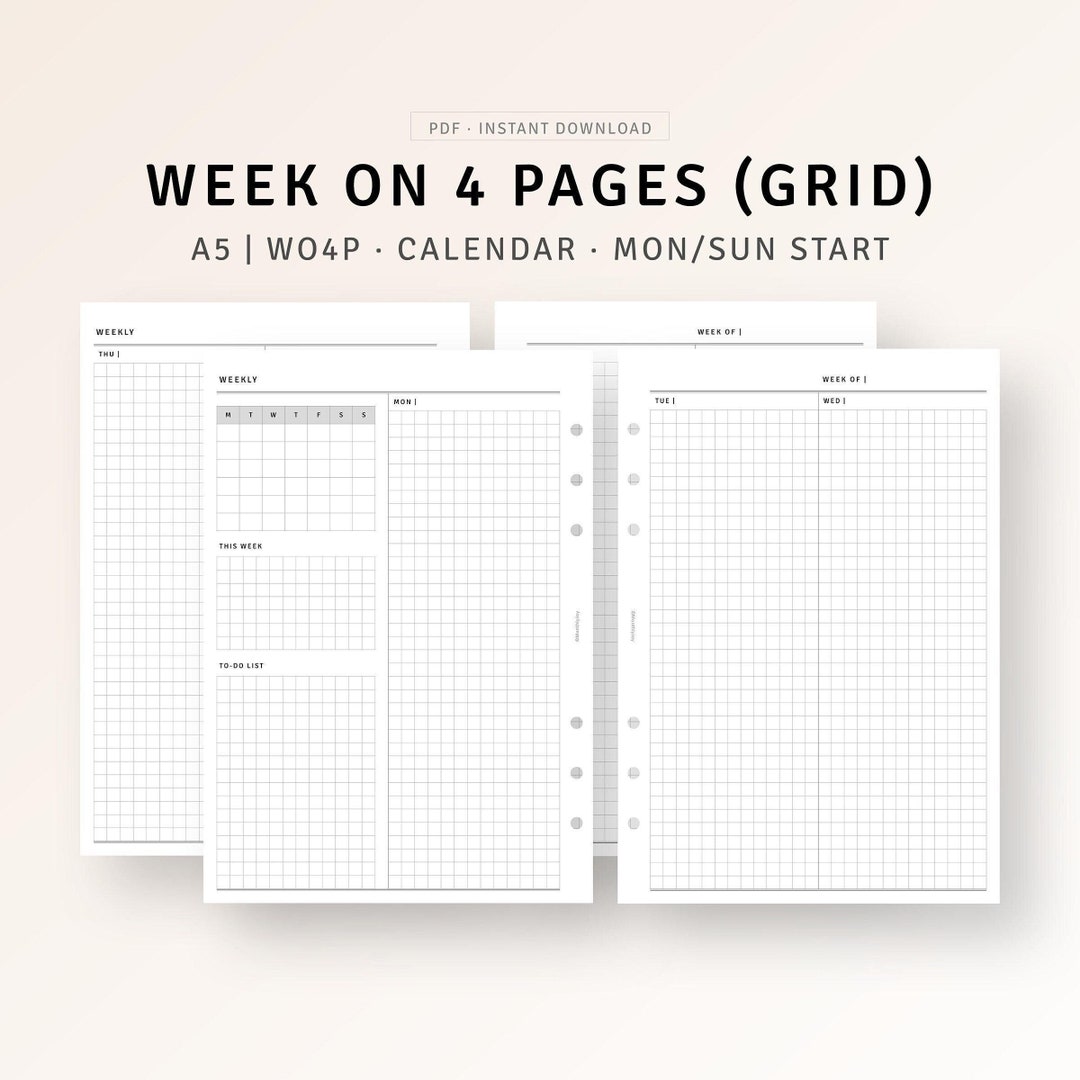 A5 Inserts | Week on 4 Pages Printable Weekly Planner With Calendar ...