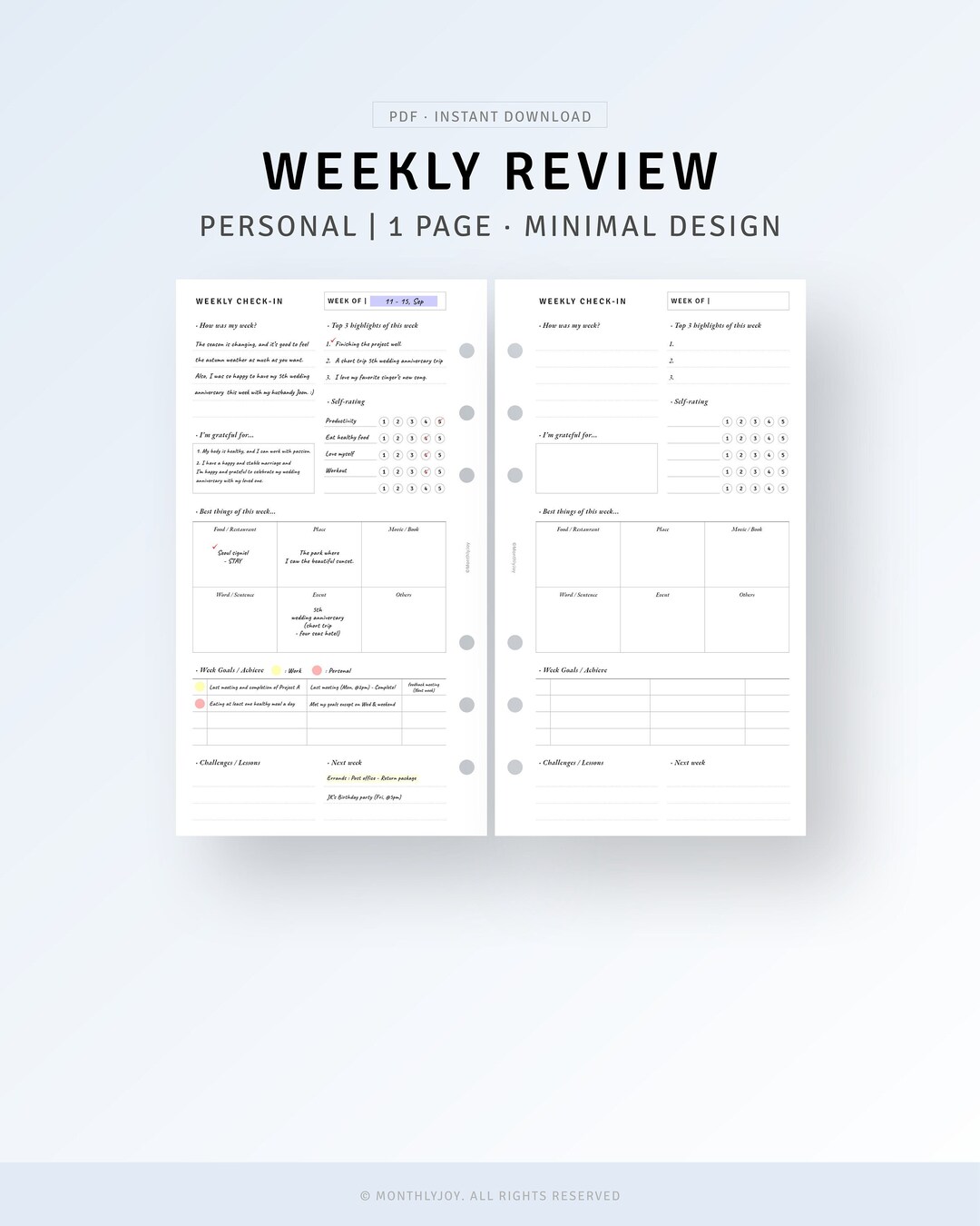 Week in Review Printable Personal Inserts, Weekly Reflection Journal ...