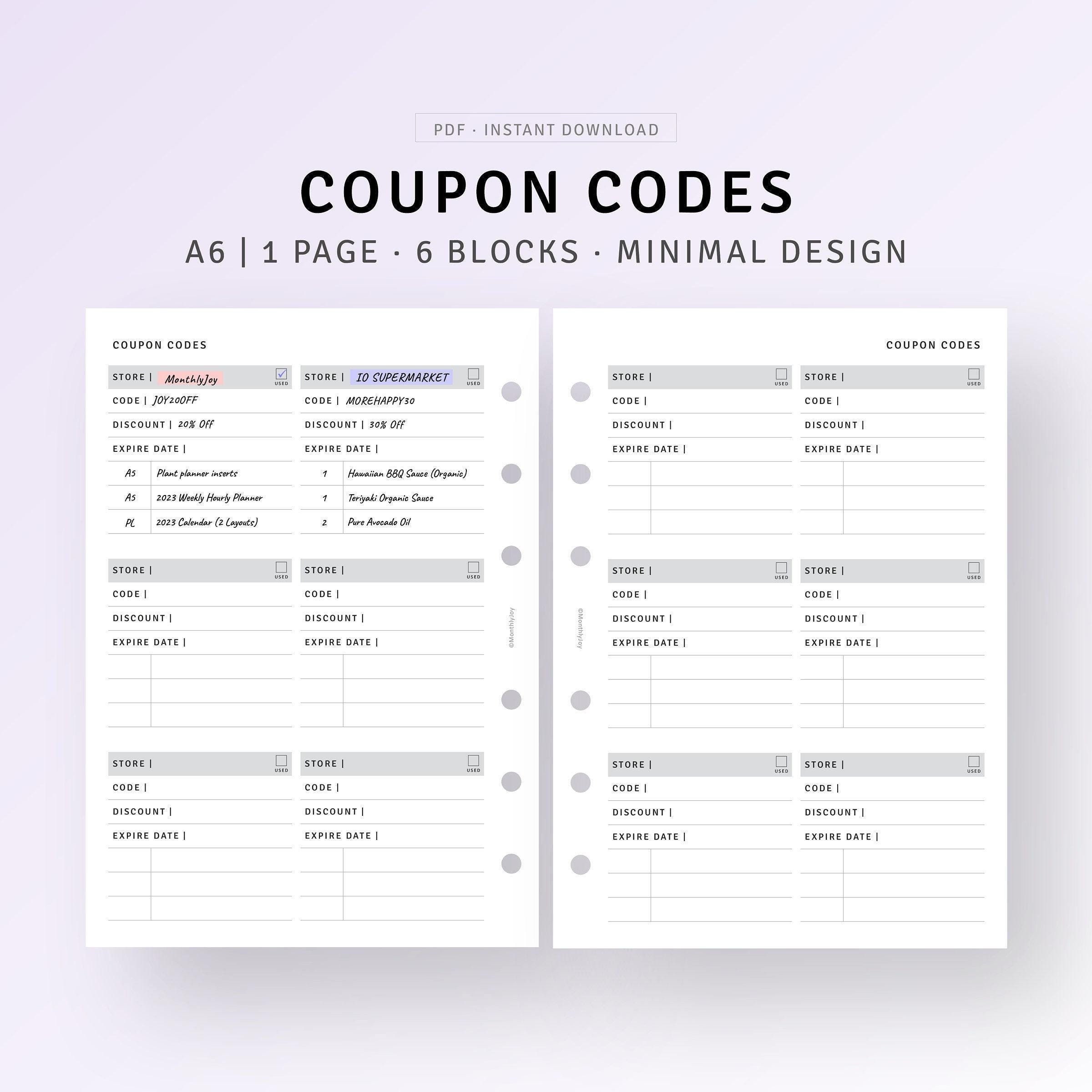 Coupon Codes Tracker A6 Inserts, Shopping Discount Code Log Template with Checklist, Store Discount Coupon Code Organizer, Digital Download