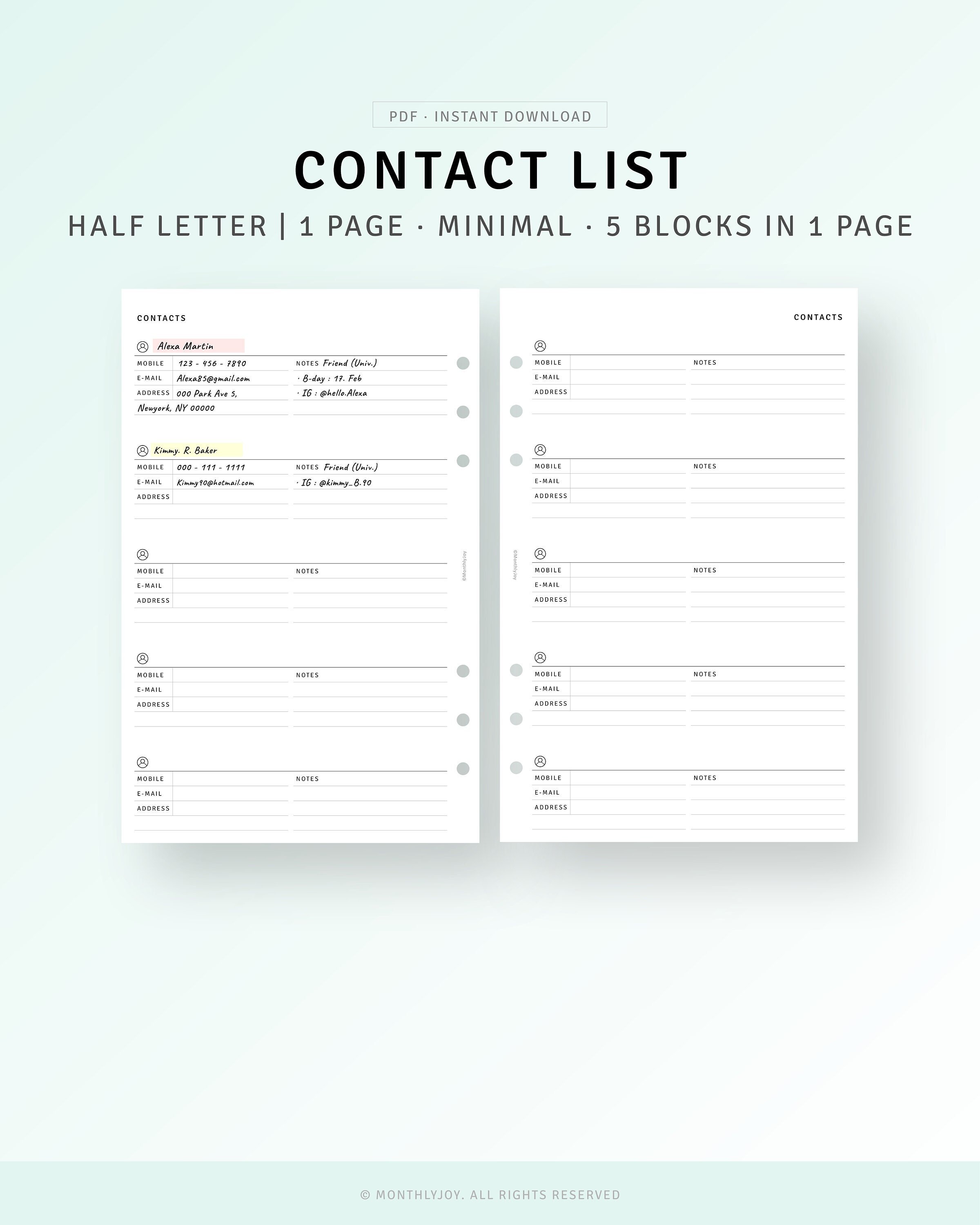 Contacts List Printable Half-letter Inserts Emergency Contact - Etsy