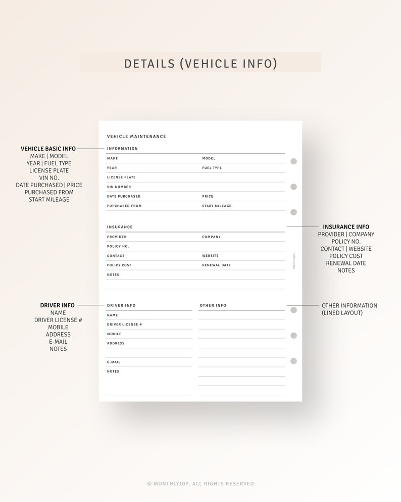 Car Maintenance Log A5 Ring Printable Vehicle Service Maintenance ...