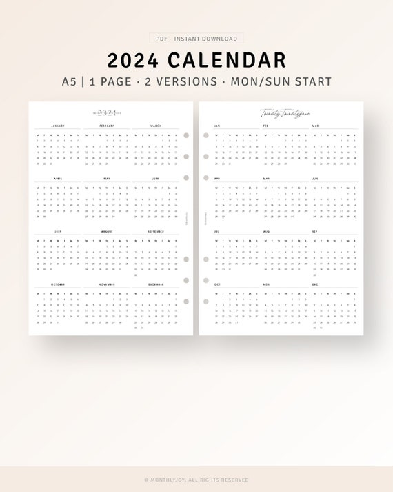 Calendrier annuel 2024 et 2025 imprimable, recharge à imprimer en français  pour planner format A5 et A4, page de notes pour aperçu annuel -   France