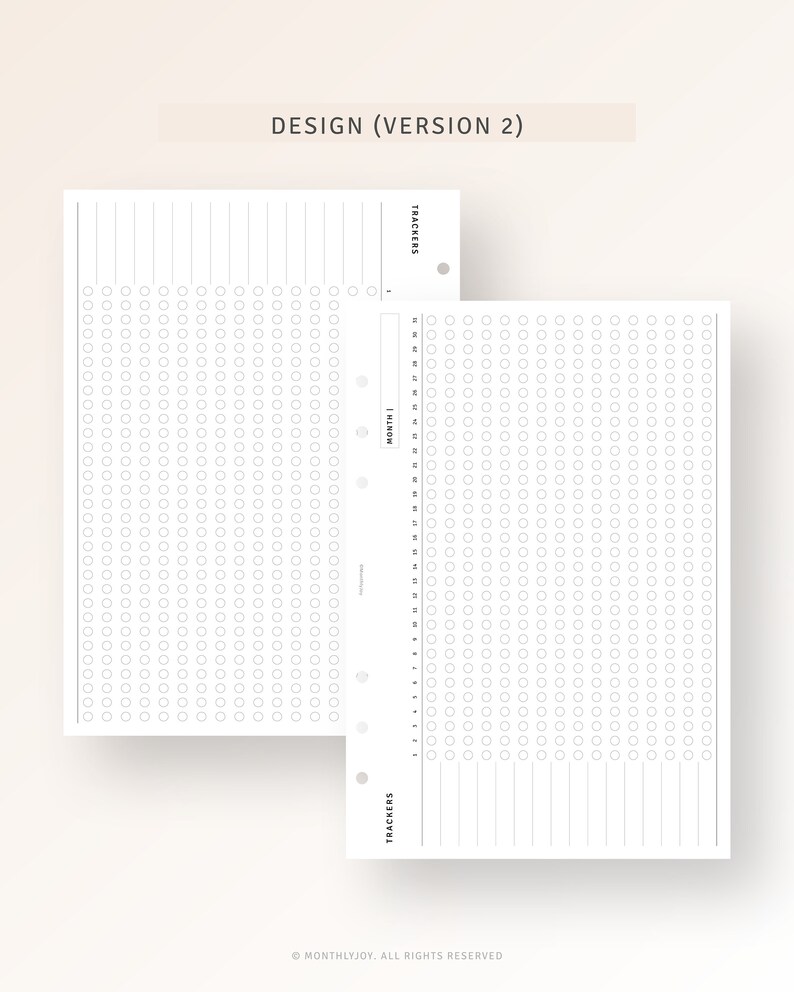 May include: Two white pages with a grid of circles and lines. The pages are labeled "Trackers" and "Habit", and have a hole punch on the left side. The text "DESIGN (VERSION 2)" is at the top of the page.