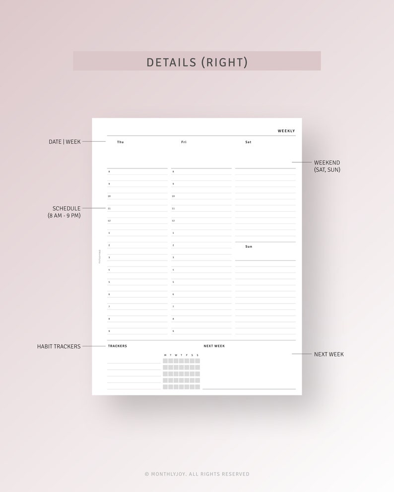 Undated Weekly Planner Printable HP Classic Ring Inserts, Daily Hourly ...