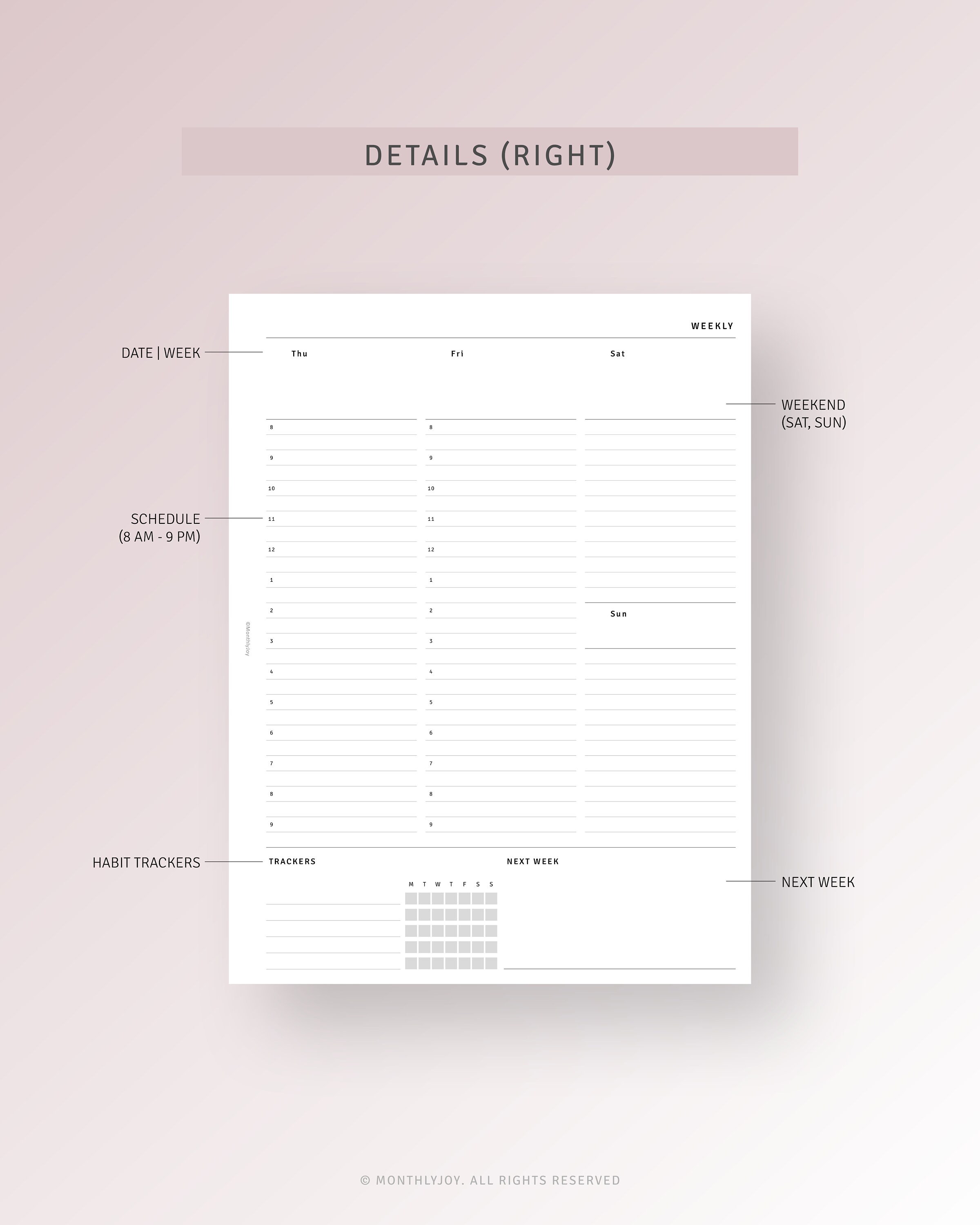 Undated Weekly Planner Printable HP Classic Ring Inserts, Daily Hourly ...